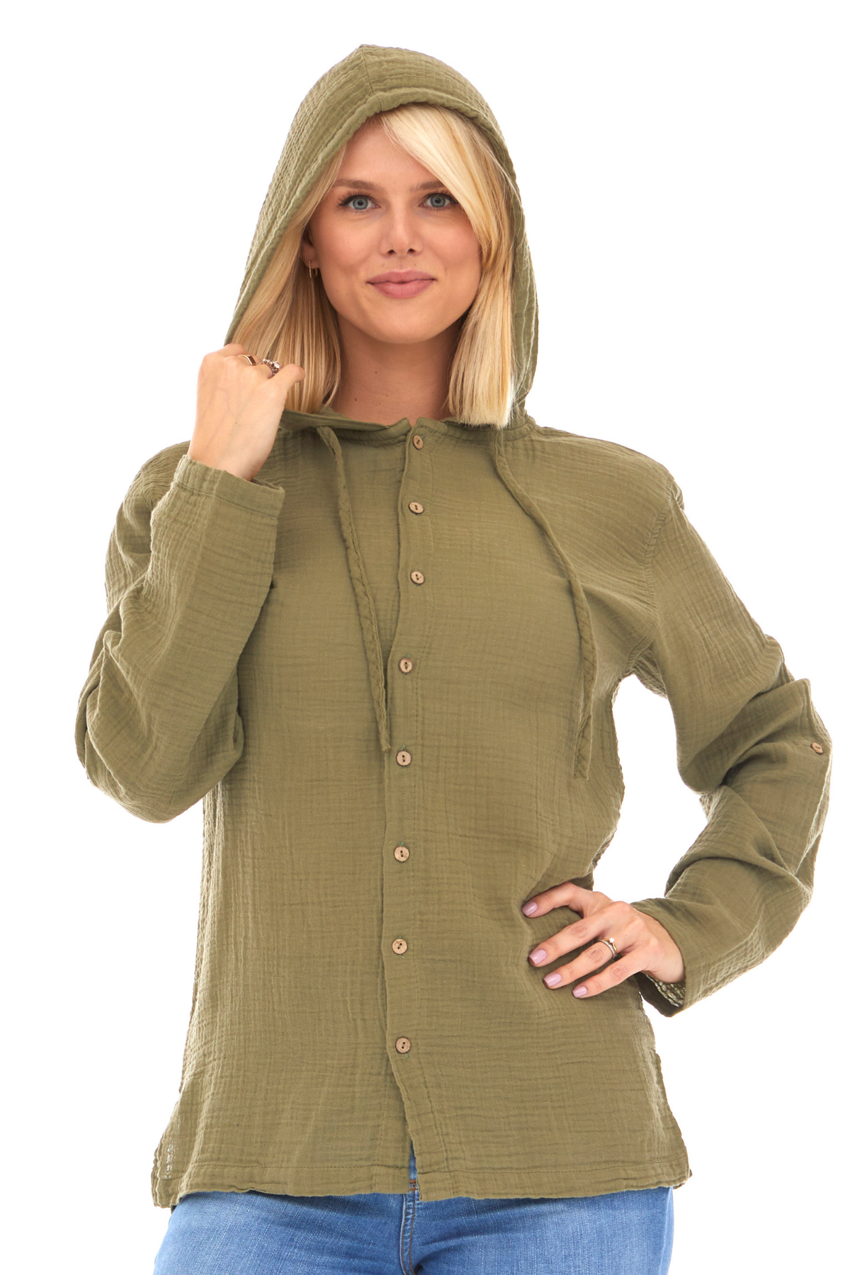 Uzun Kol Müslin Kapüşonlu Sweatshirt Haki