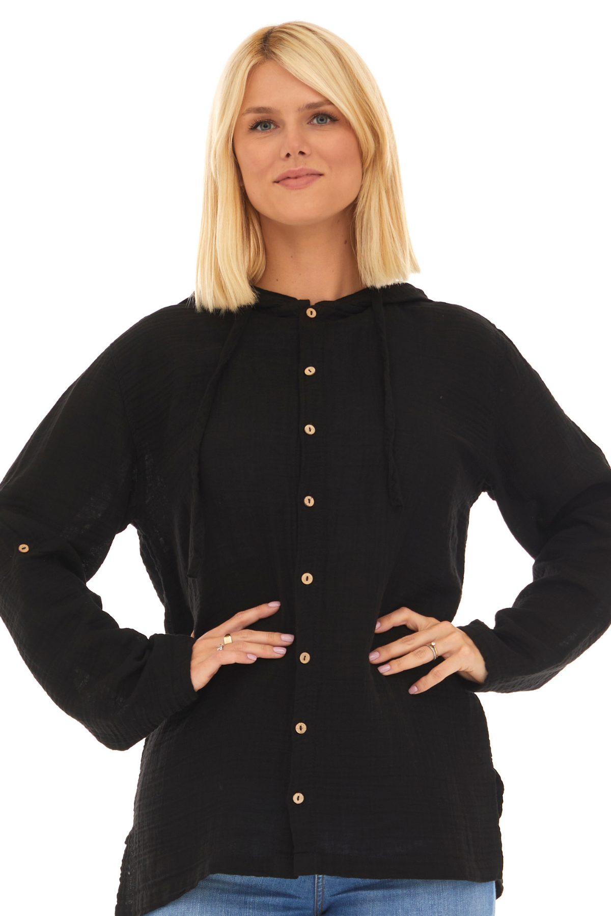 Uzun Kol Müslin Kapüşonlu Sweatshirt Siyah