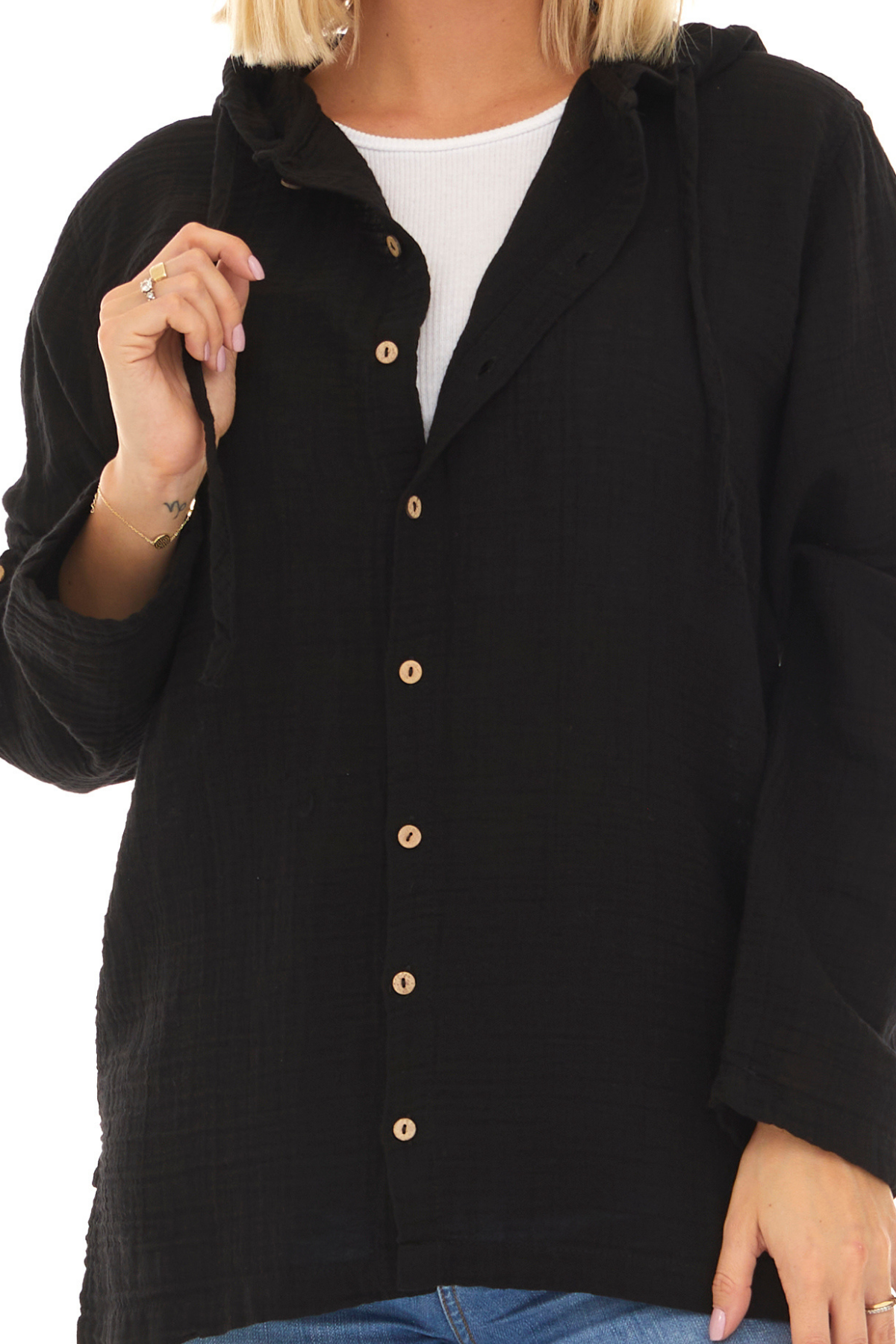 Uzun Kol Müslin Kapüşonlu Sweatshirt Siyah