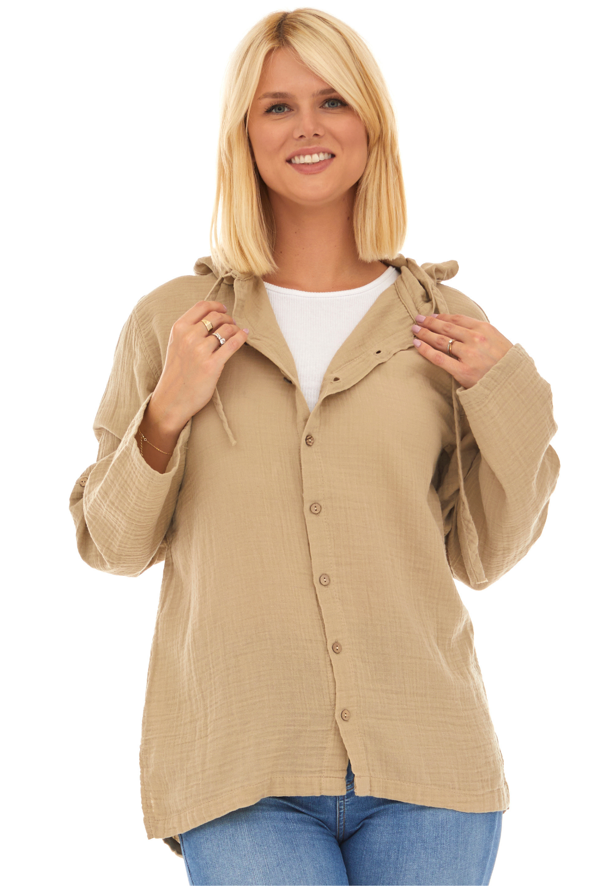 Uzun Kol Müslin Kapüşonlu Sweatshirt Vizon