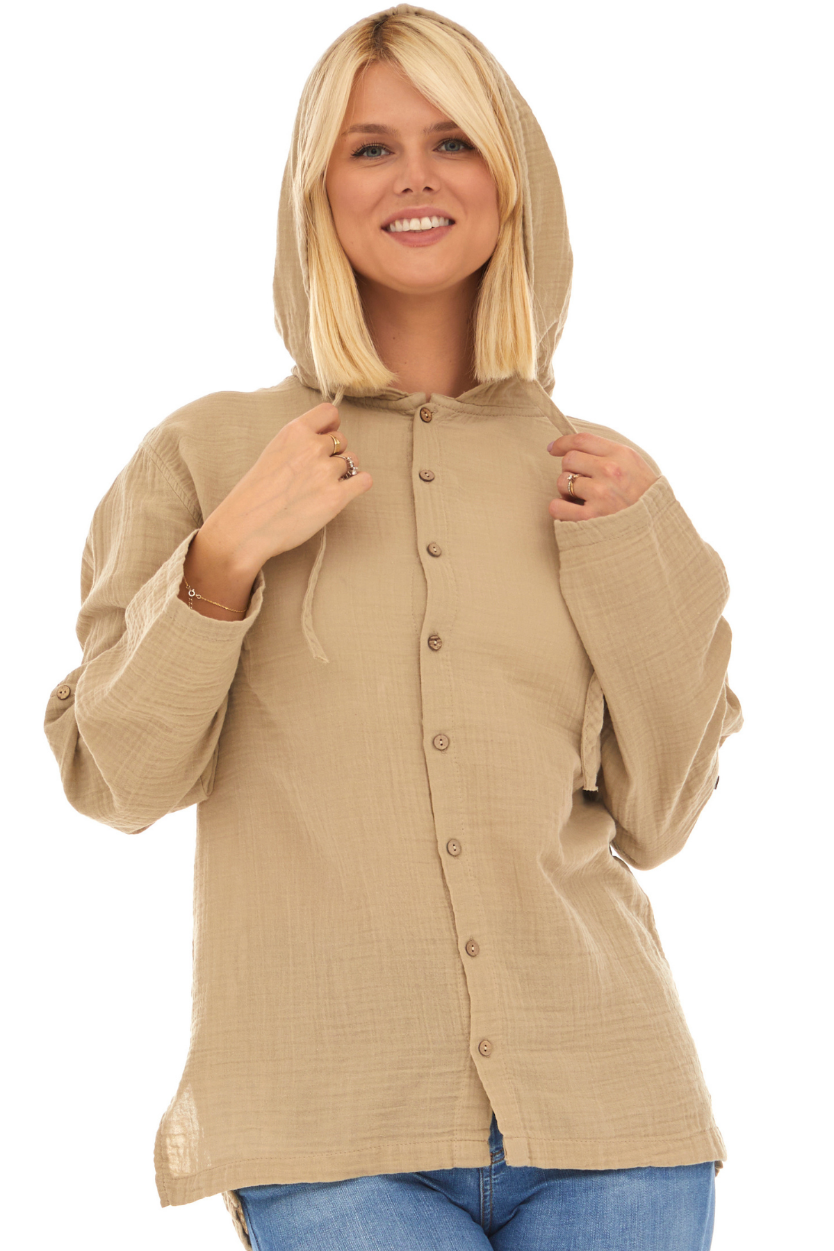 Uzun Kol Müslin Kapüşonlu Sweatshirt Vizon