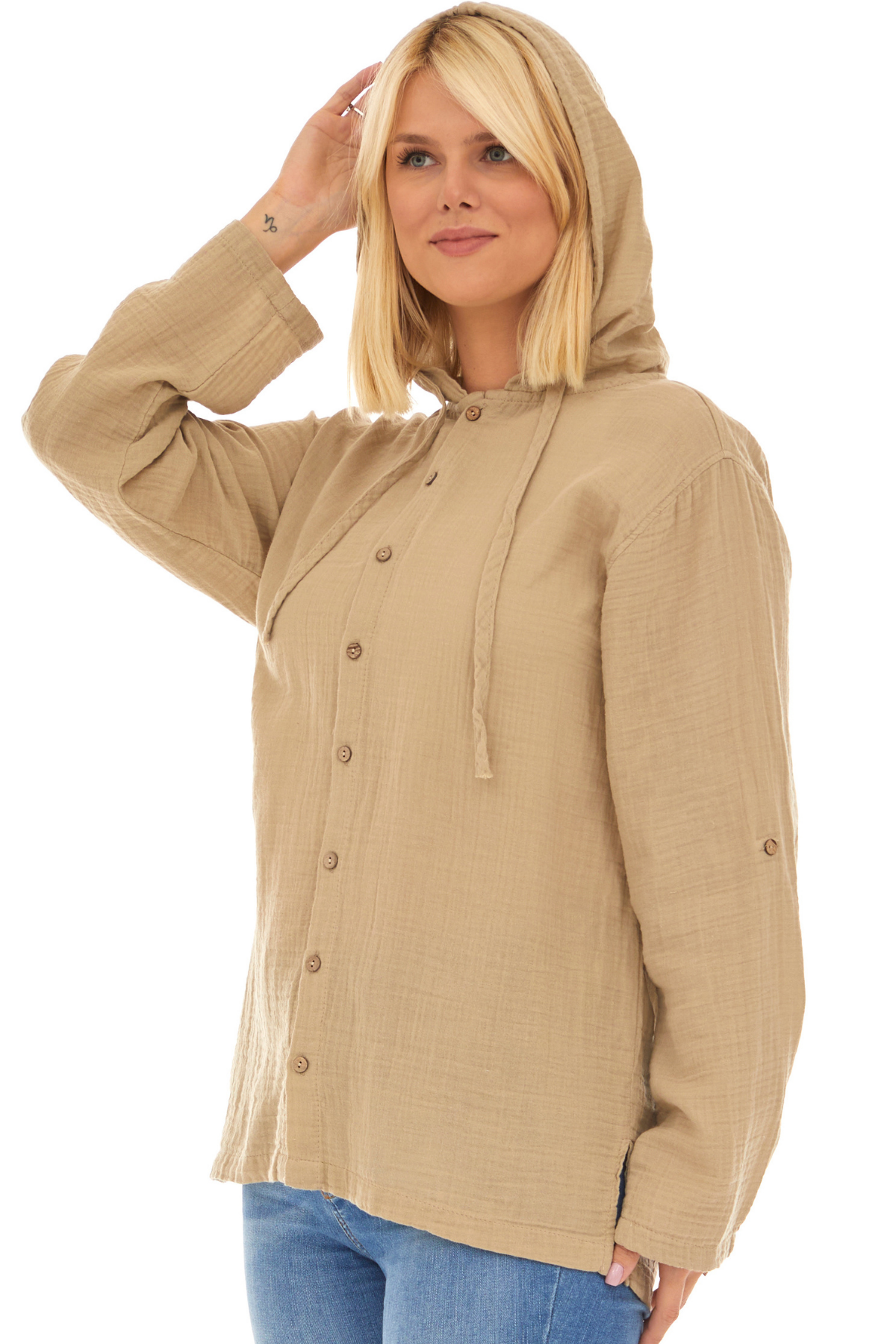 Uzun Kol Müslin Kapüşonlu Sweatshirt Vizon