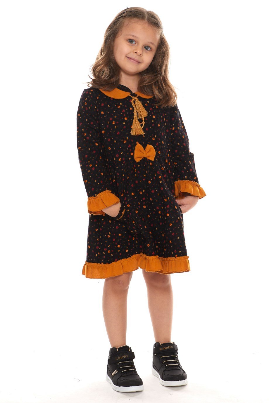 Uzun Kol Pazen Çocuk Elbise Çıtır Desen Siyah