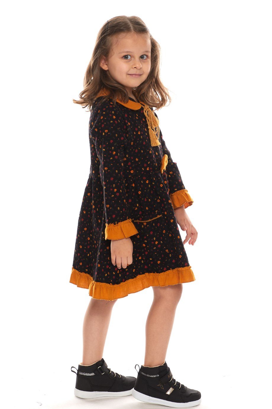 Uzun Kol Pazen Çocuk Elbise Çıtır Desen Siyah