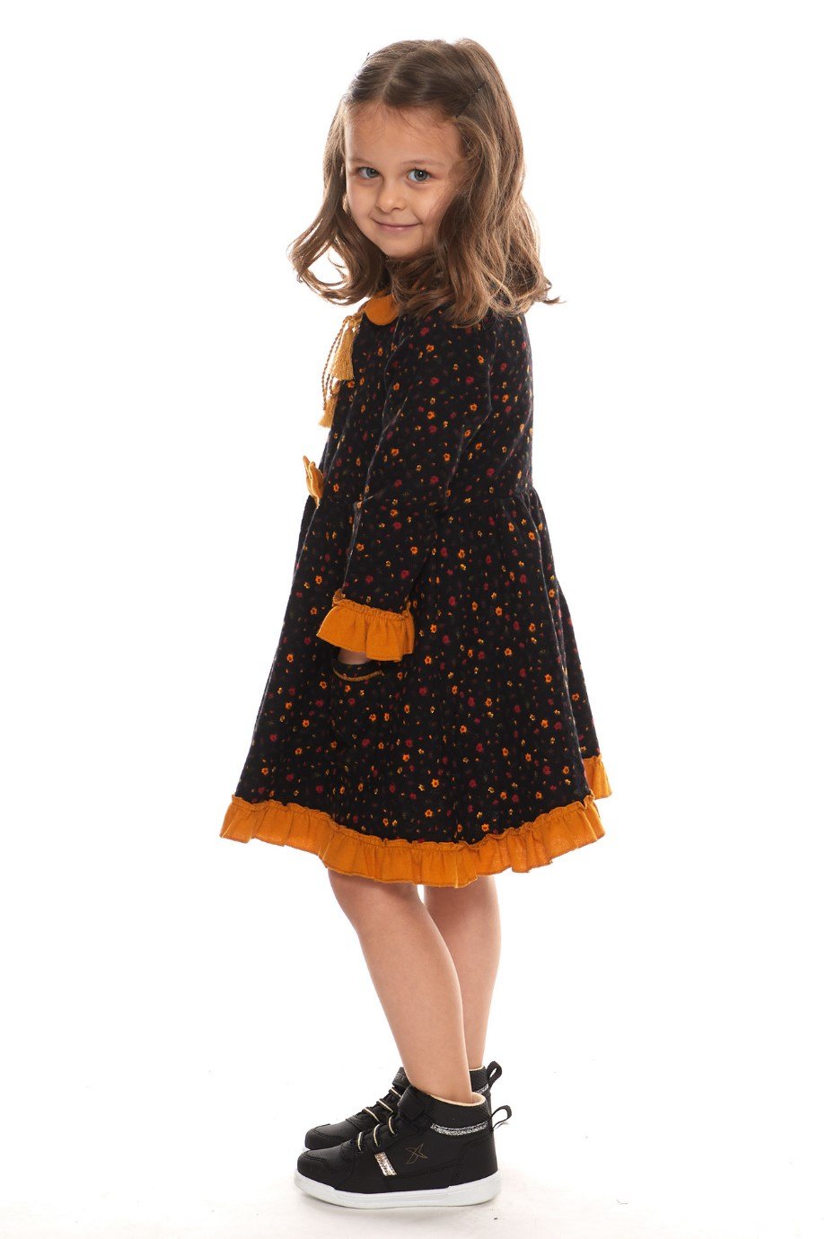 Uzun Kol Pazen Çocuk Elbise Çıtır Desen Siyah