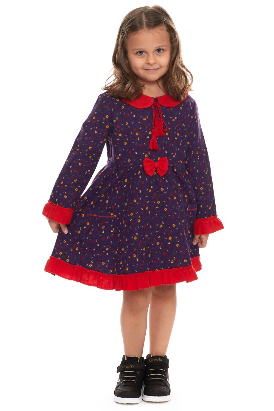 Uzun Kol Pazen Çocuk Mor Elbise Çıtır Desen 