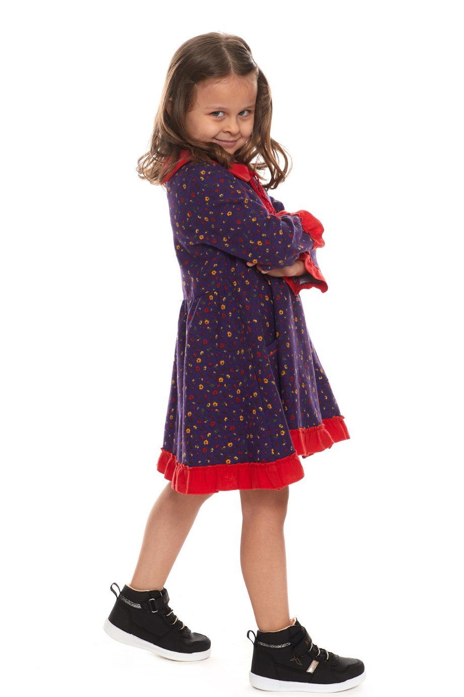 Uzun Kol Pazen Çocuk Mor Elbise Çıtır Desen 