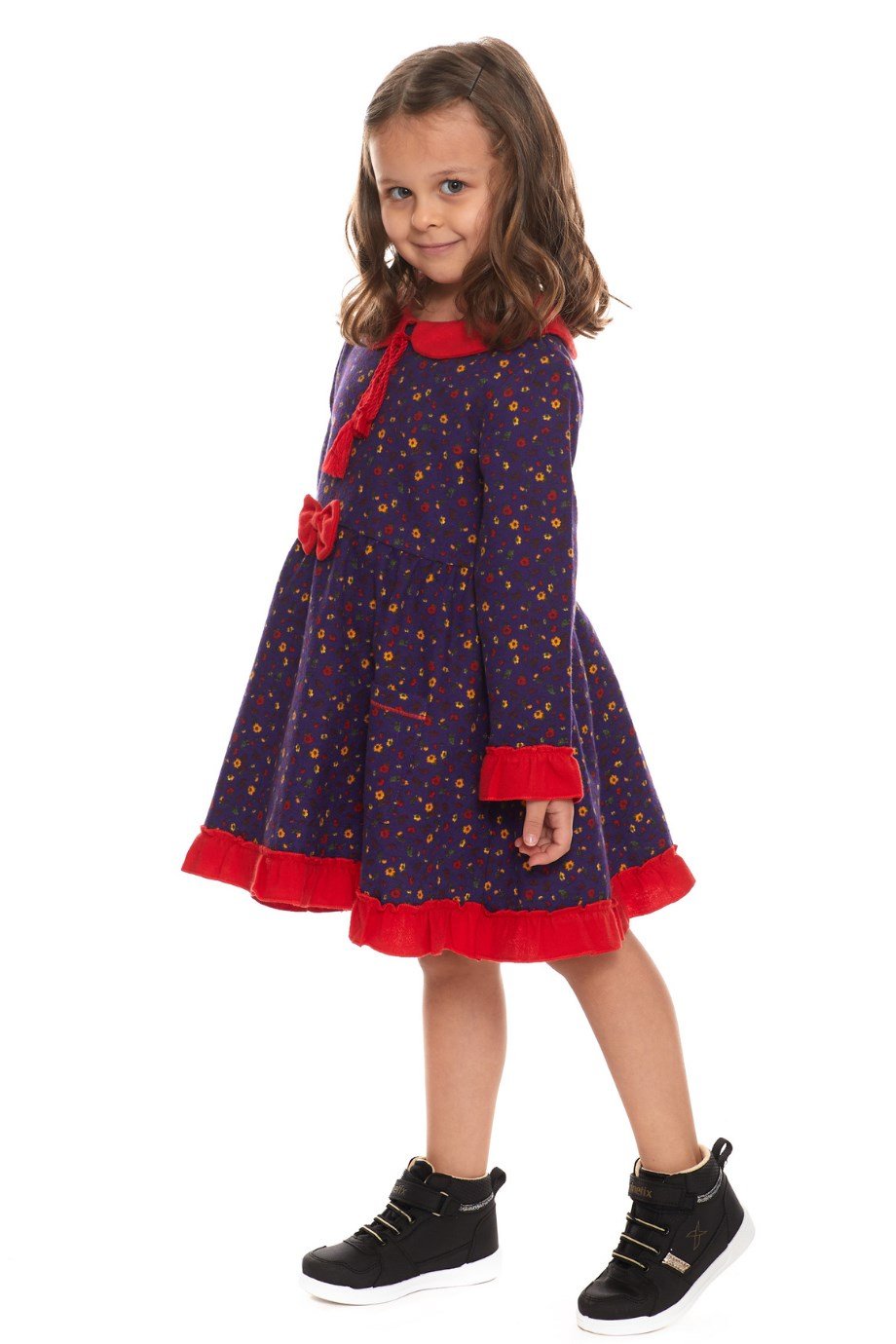 Uzun Kol Pazen Çocuk Mor Elbise Çıtır Desen 