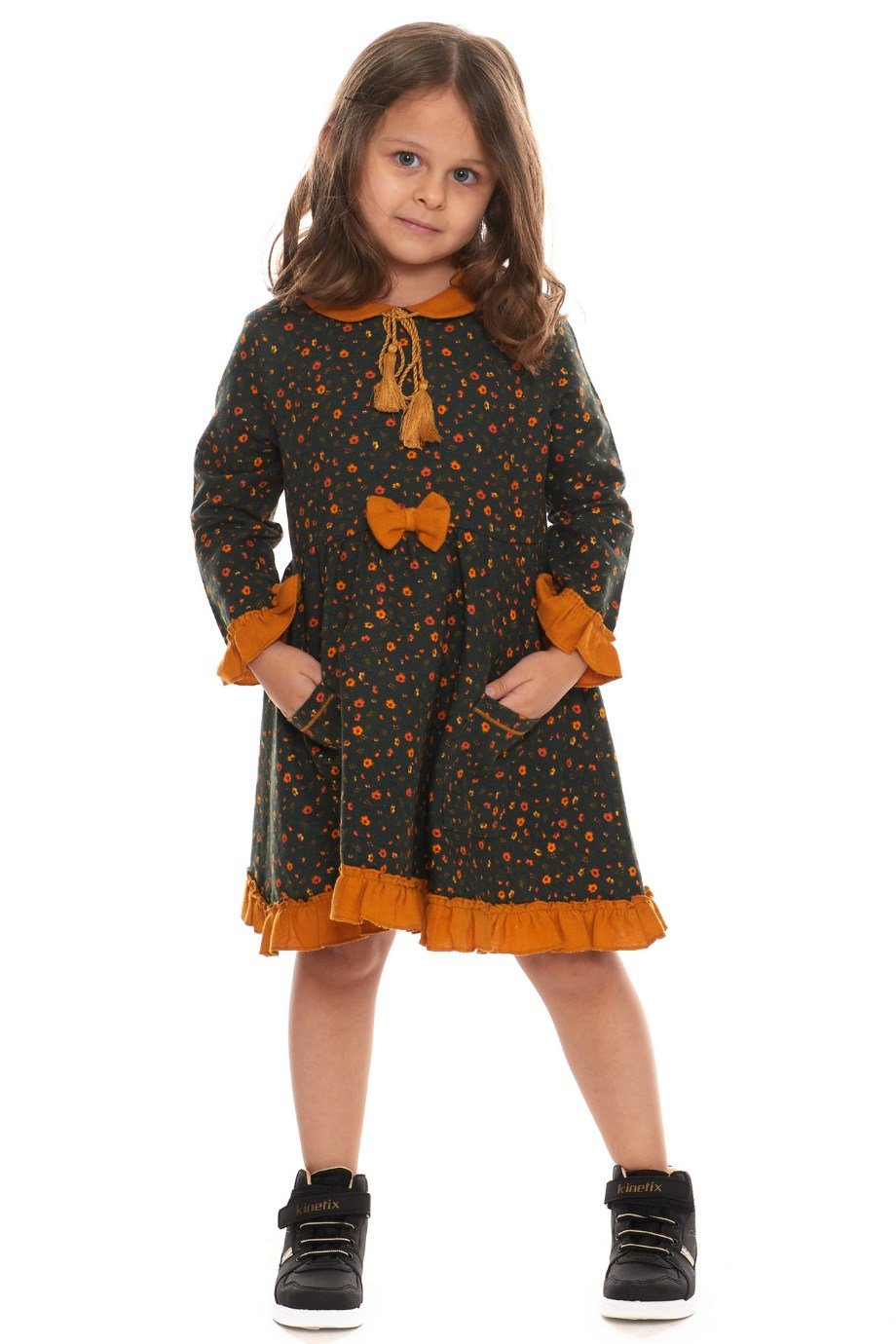 Uzun Kol Pazen Çocuk Yeşil Elbise Çıtır Desen 