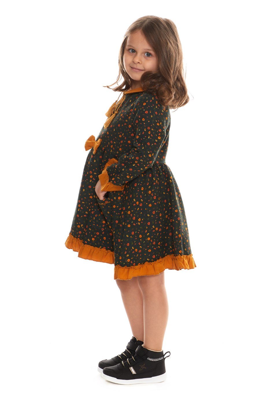 Uzun Kol Pazen Çocuk Yeşil Elbise Çıtır Desen 