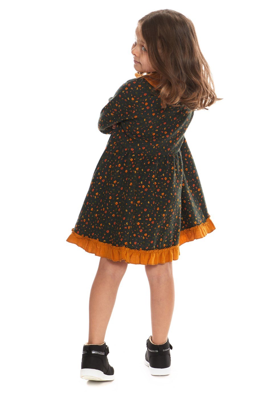 Uzun Kol Pazen Çocuk Yeşil Elbise Çıtır Desen 