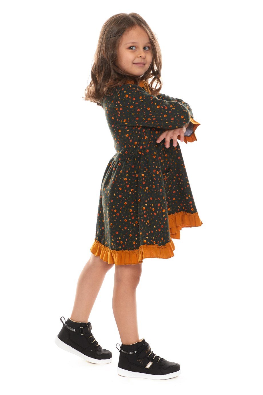 Uzun Kol Pazen Çocuk Yeşil Elbise Çıtır Desen 