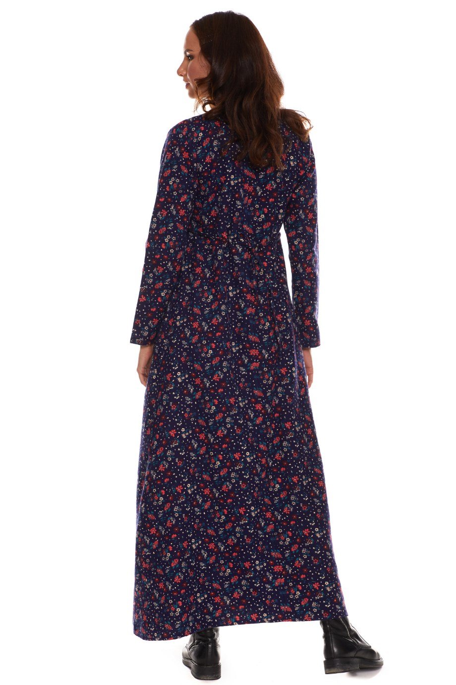 Uzun Kol Pazen Kruvaze Elbise Çiçek Desen Lacivert