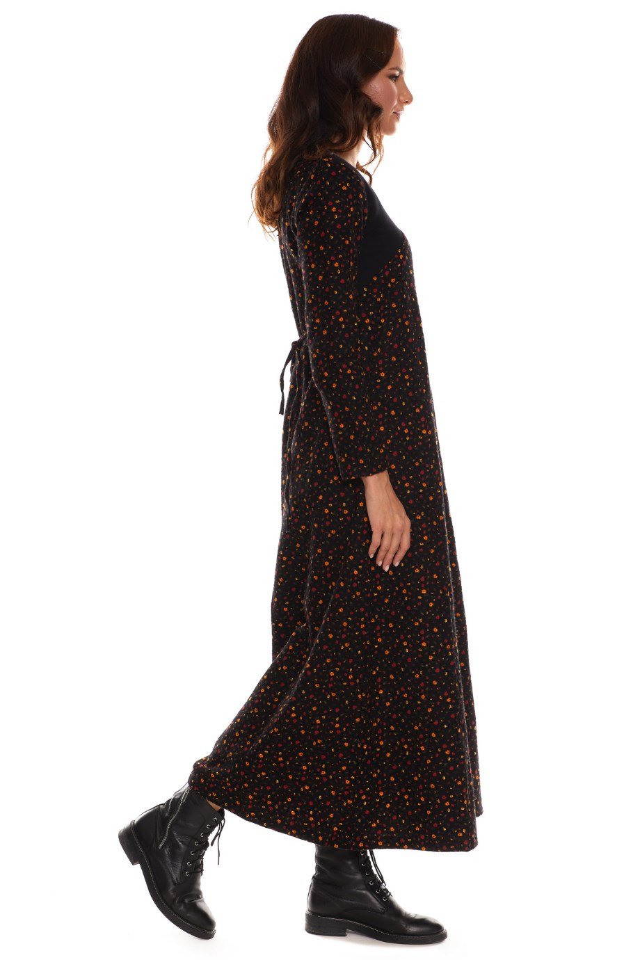 Uzun Kol Pazen Kruvaze Elbise Çiçek Desen Siyah