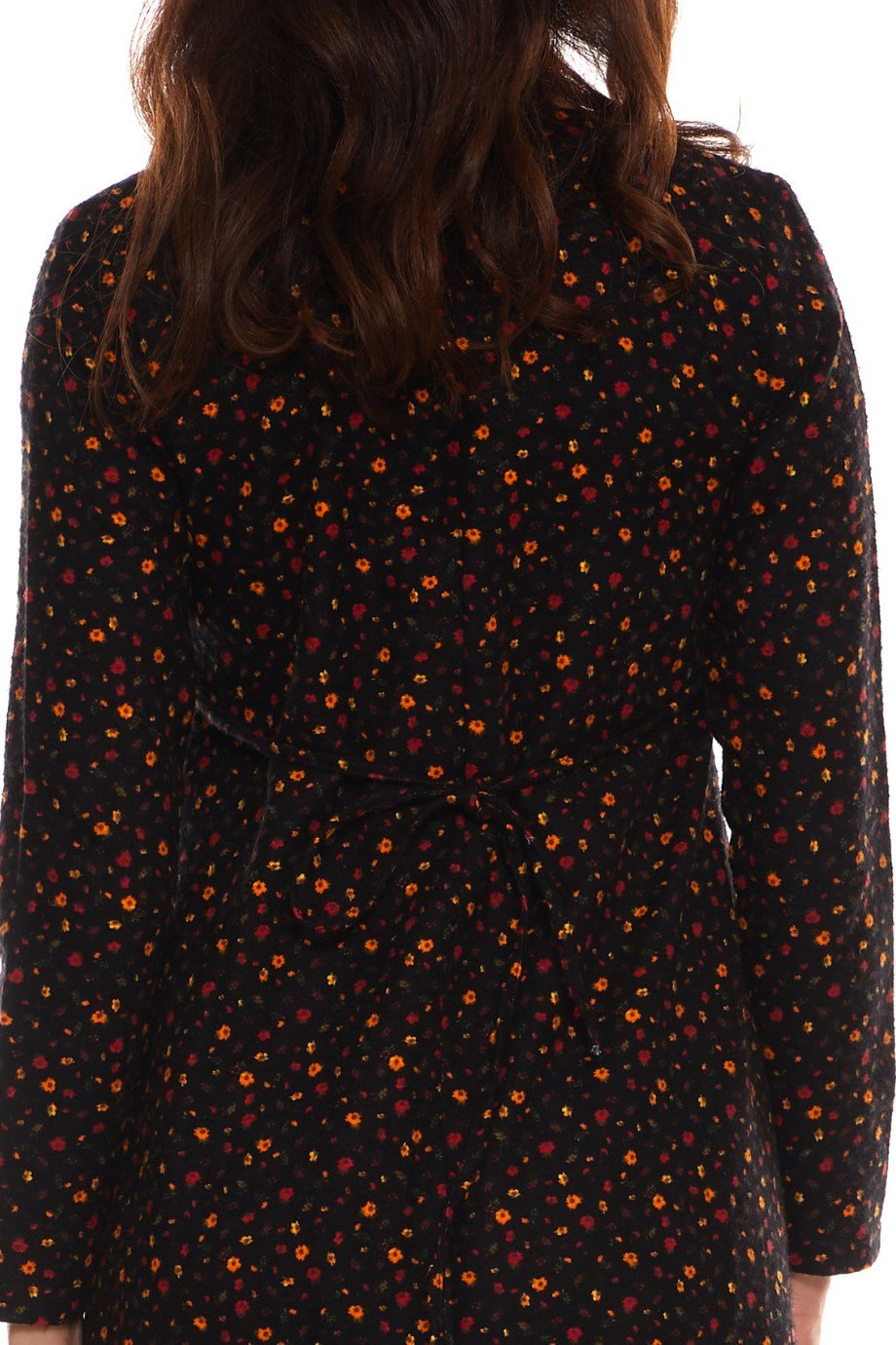 Uzun Kol Pazen Kruvaze Elbise Çiçek Desen Siyah