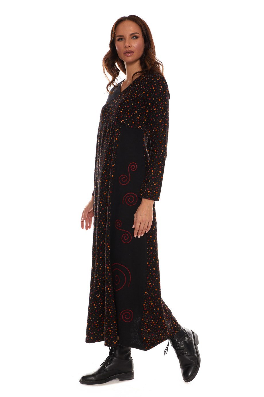 Uzun Kol Pazen Kruvaze Elbise Çiçek Desen Siyah