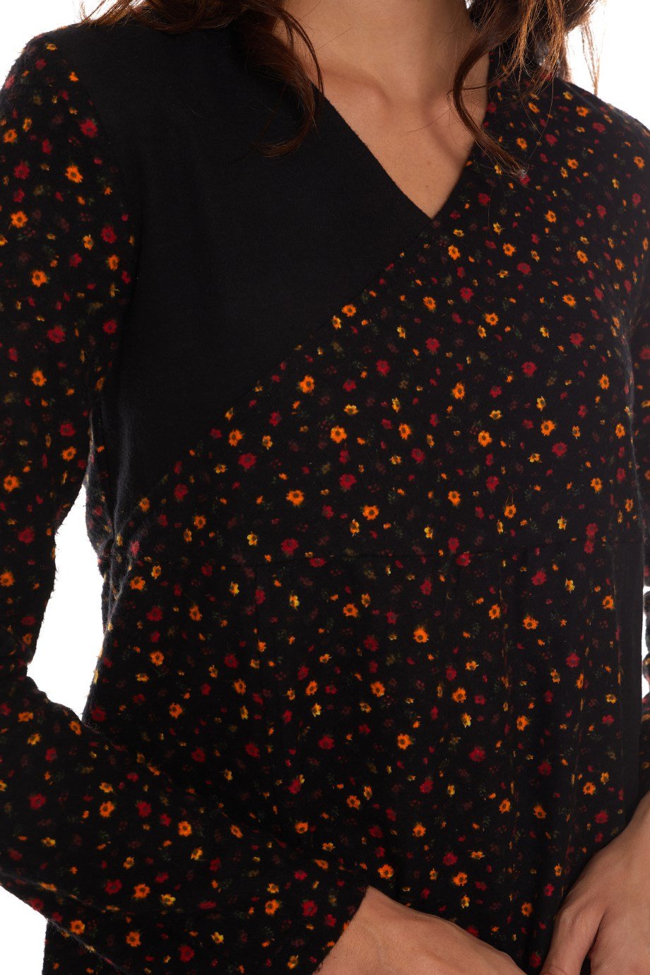 Uzun Kol Pazen Kruvaze Elbise Çiçek Desen Siyah