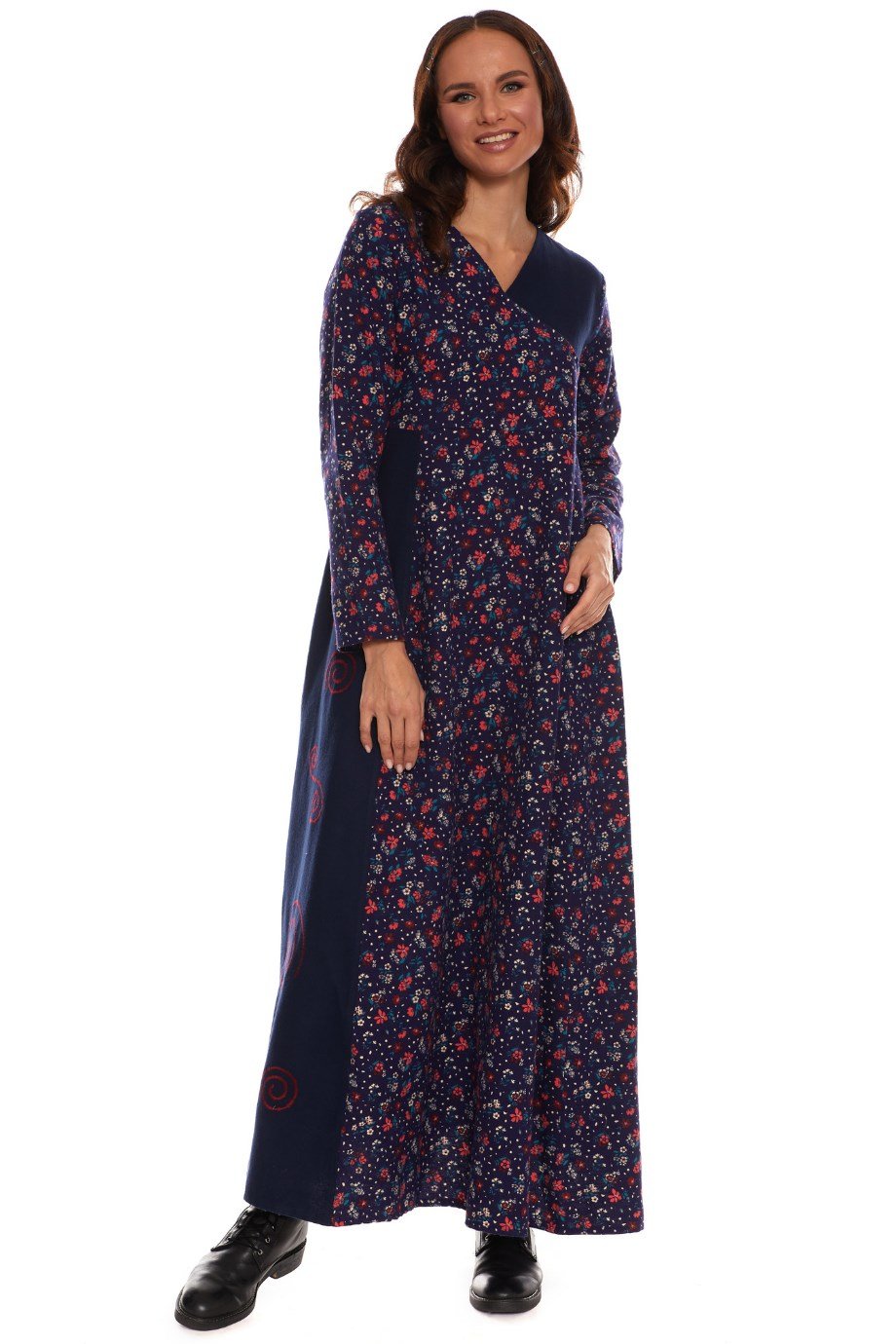 Uzun Kol Pazen Kruvaze Elbise Çiçek Desen Lacivert