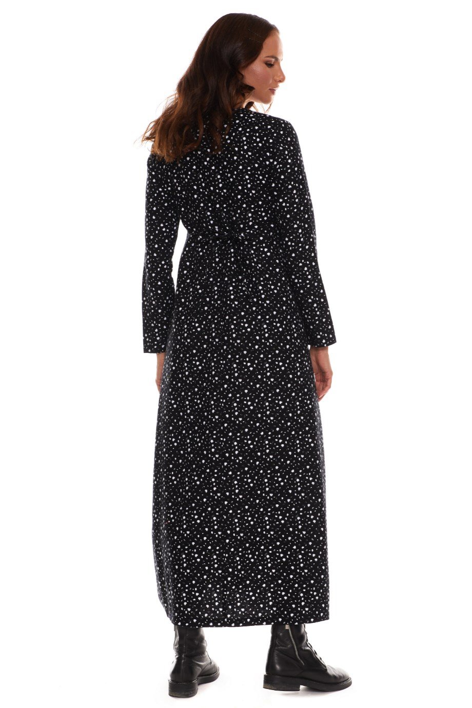 Uzun Kol Pazen Kruvaze Elbise Çiçek Desen Beyaz