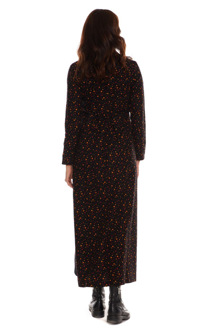 Uzun Kol Pazen Kruvaze Elbise Çiçek Desen Siyah