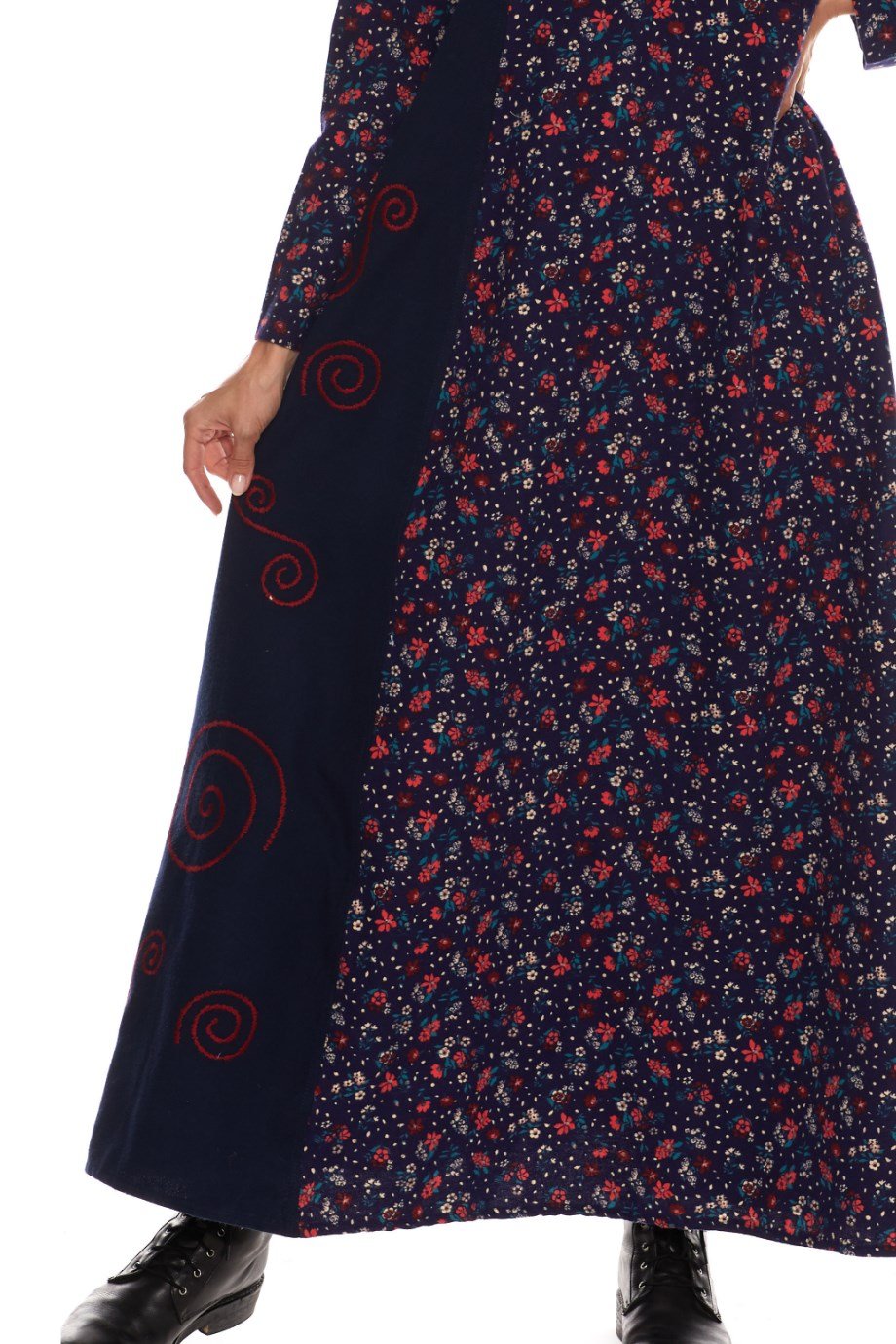 Uzun Kol Pazen Kruvaze Elbise Çiçek Desen Lacivert