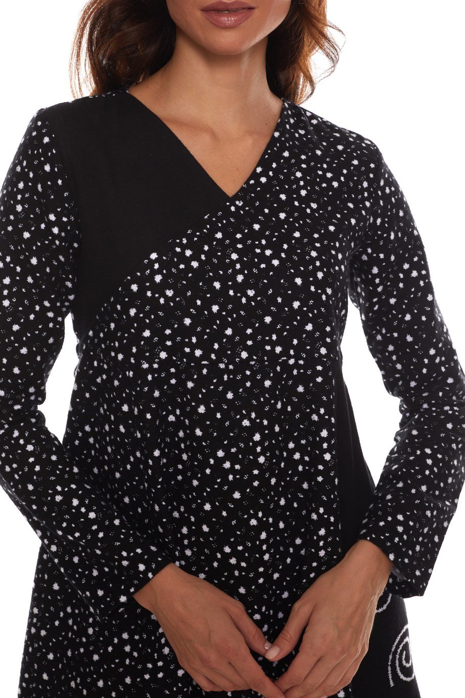 Uzun Kol Pazen Kruvaze Elbise Çiçek Desen Beyaz