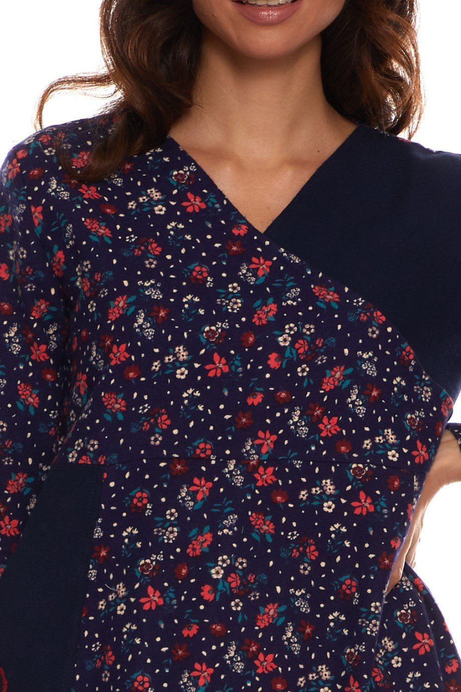 Uzun Kol Pazen Kruvaze Elbise Çiçek Desen Lacivert