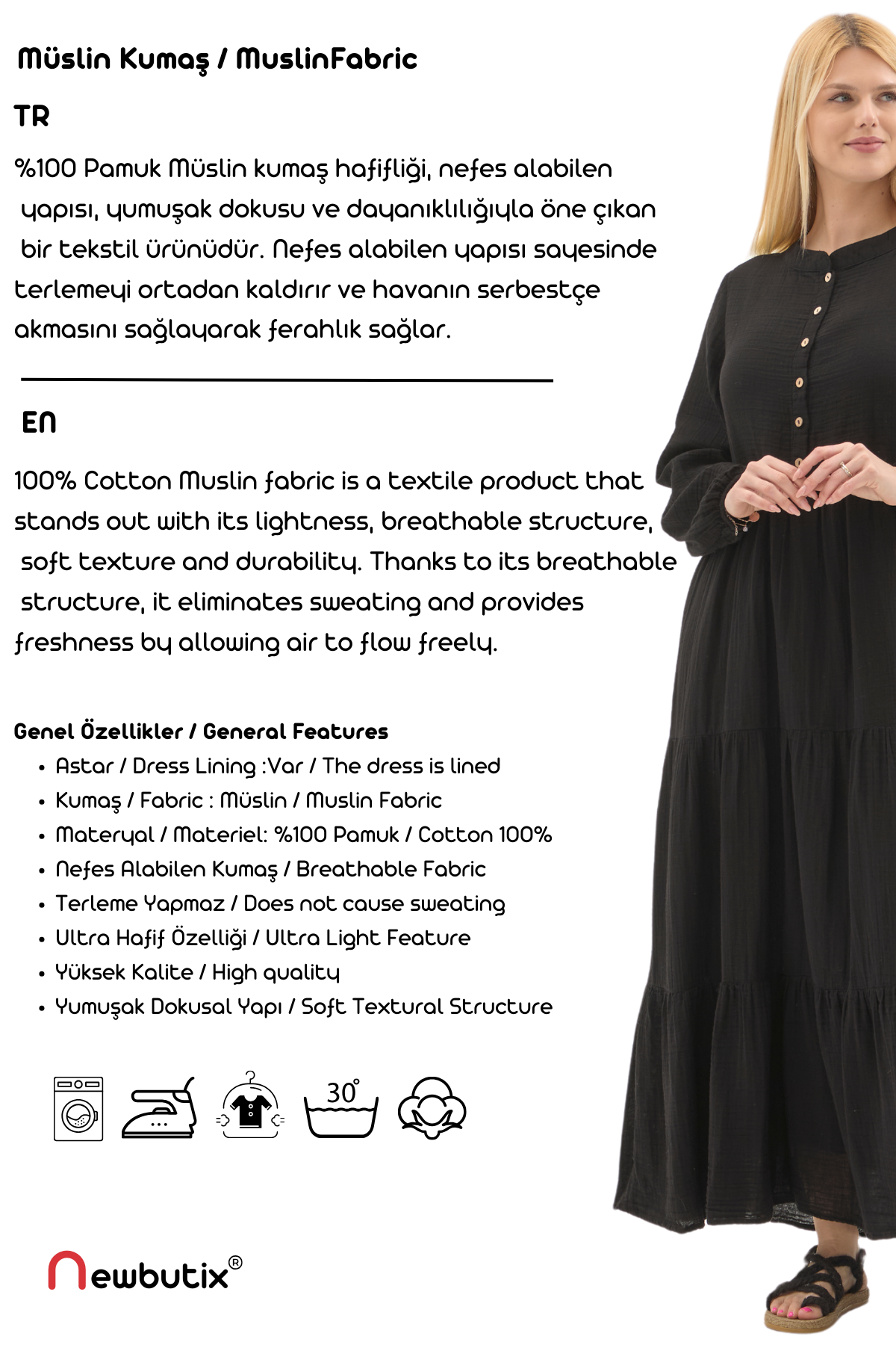 Uzun Kol Siyah Düğmeli Yazlık Uzun Müslin Elbise 