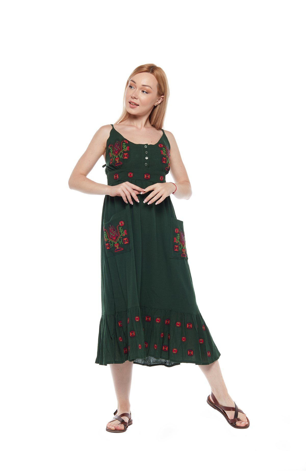 Yeşil Otantik Askılı Nakışlı Elbise