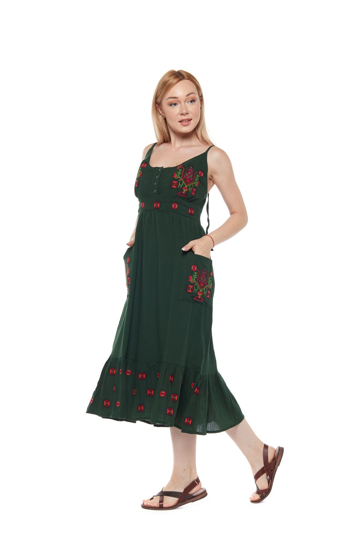 Yeşil Otantik Askılı Nakışlı Elbise