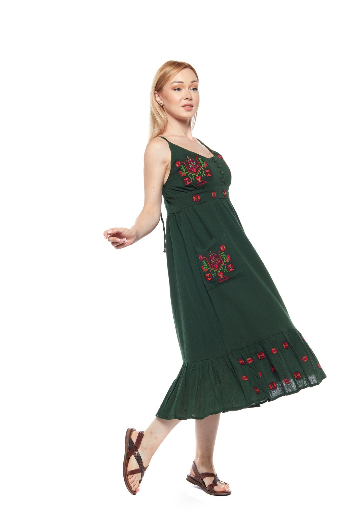 Yeşil Otantik Askılı Nakışlı Elbise