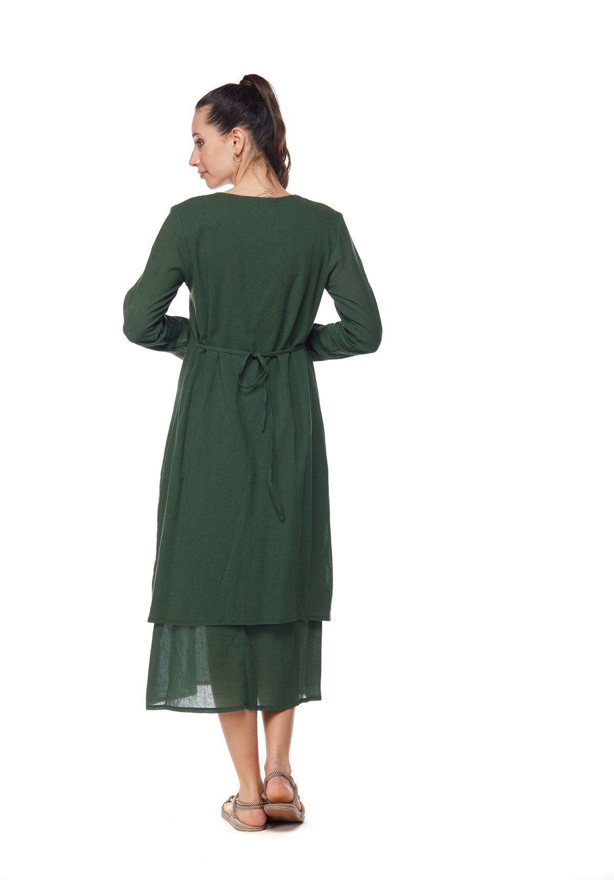 Yeşil Uzun Kollu  Nakışlı Katlı Elbise