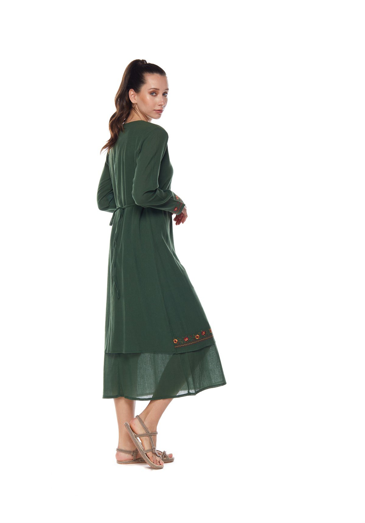 Yeşil Uzun Kollu  Nakışlı Katlı Elbise