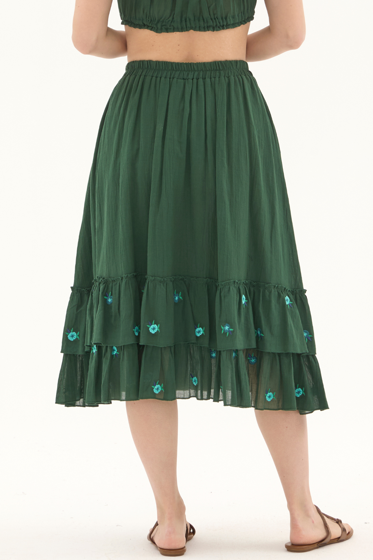 Yeşil Vual Nakışlı Yazlık Uzun Etek