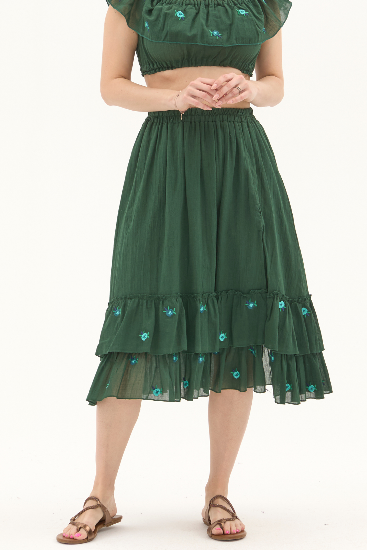 Yeşil Vual Nakışlı Yazlık Uzun Etek