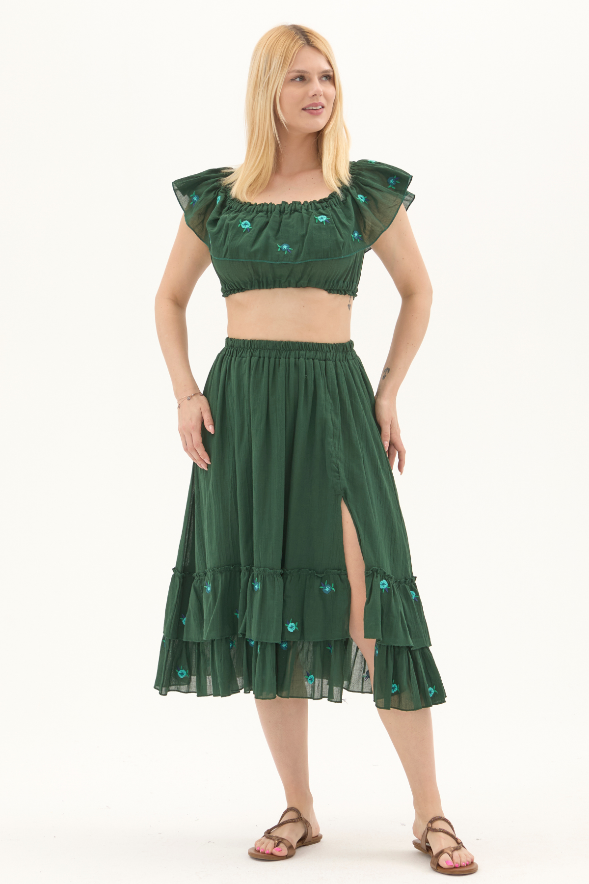 Yeşil Vual Nakışlı Yazlık Uzun Etek