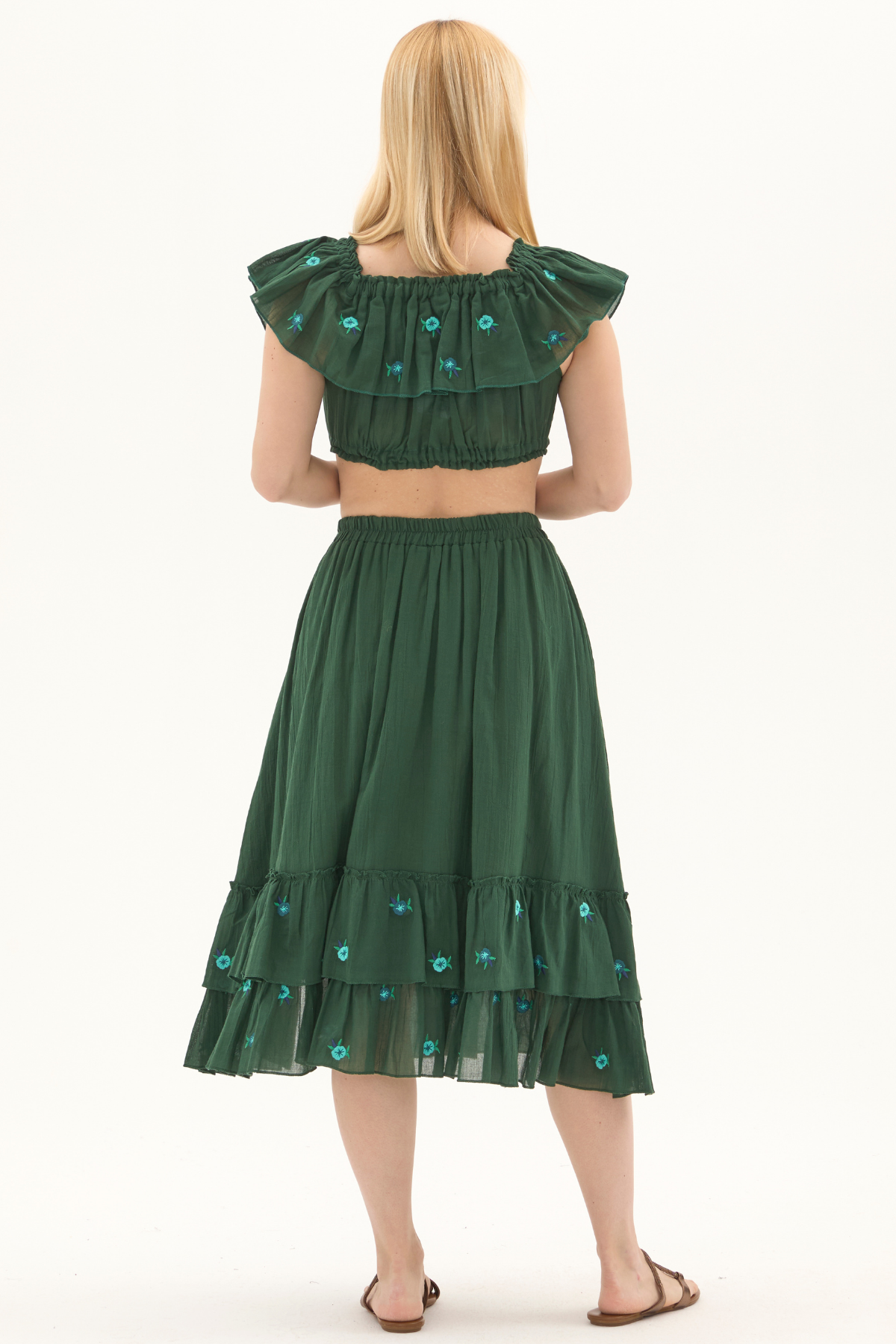 Yeşil Vual Nakışlı Yazlık Uzun Etek