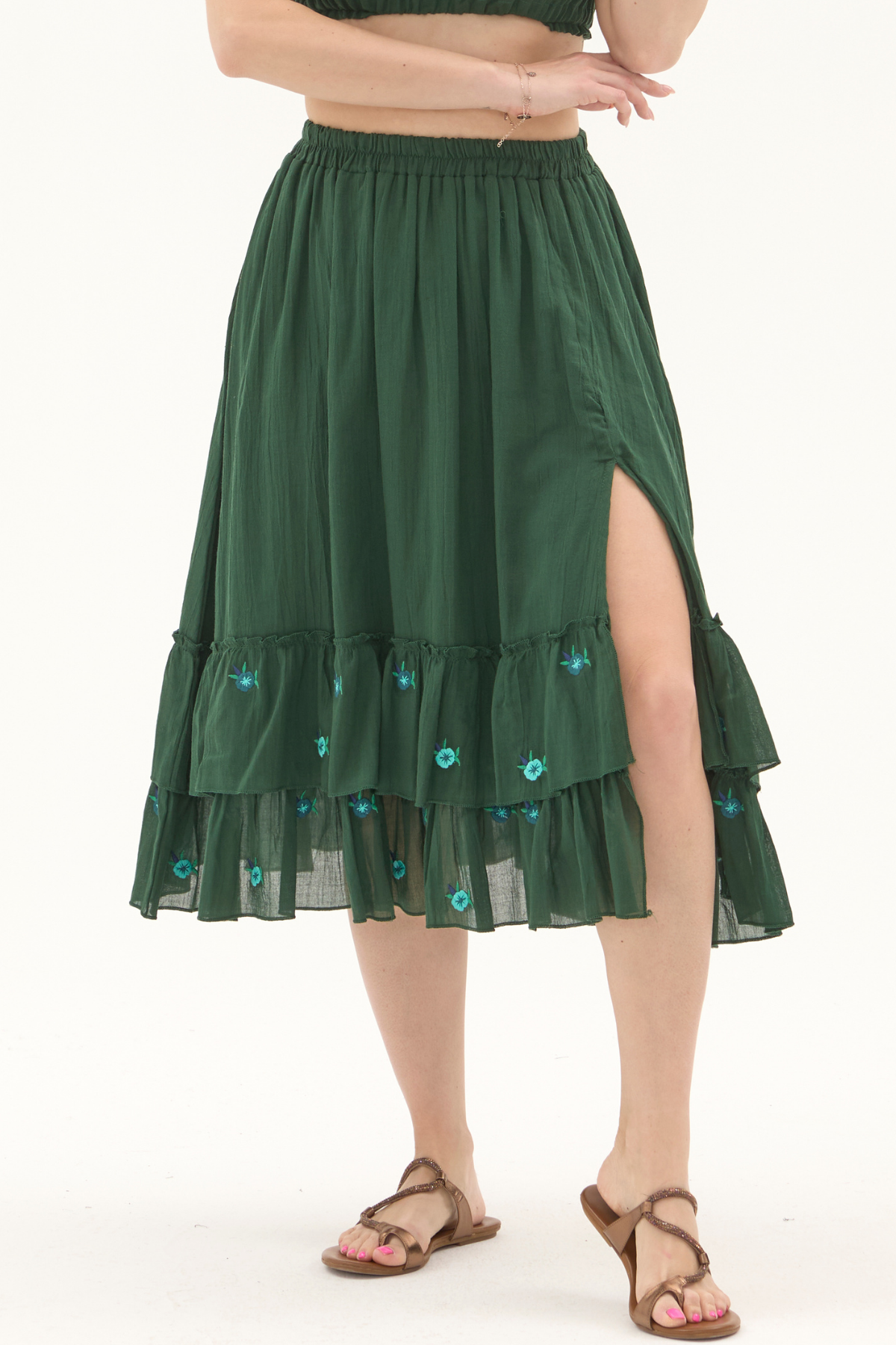 Yeşil Vual Nakışlı Yazlık Uzun Etek