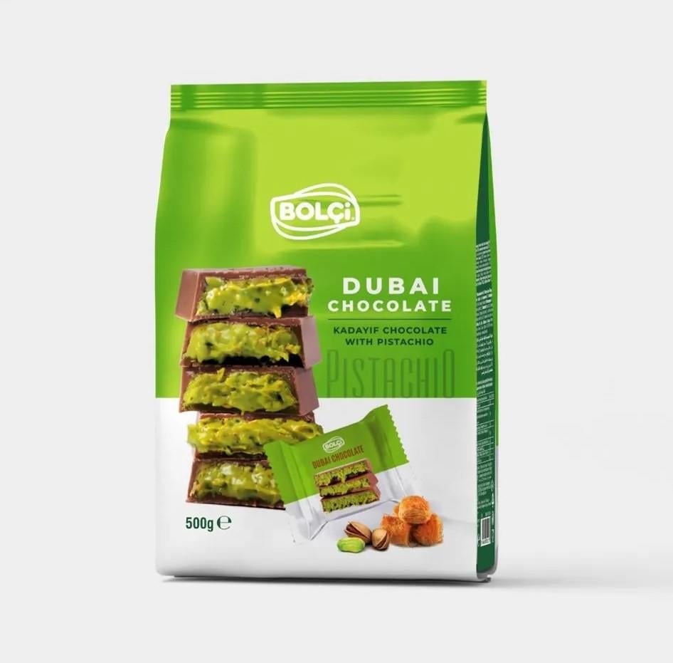 Atıştırmalık Çikolata-Dubai Çikolatası Fıstıklı Kadayıf Dolgulu 16g Flowpack 500 g Poşetli