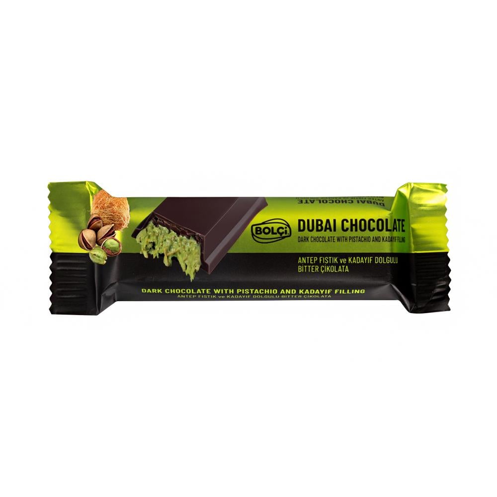 Atıştırmalık Çikolata-Dubai Çikolatası Fıstıklı Kadayıf Dolgulu Bitter Çikolata 30 Gr 5`li