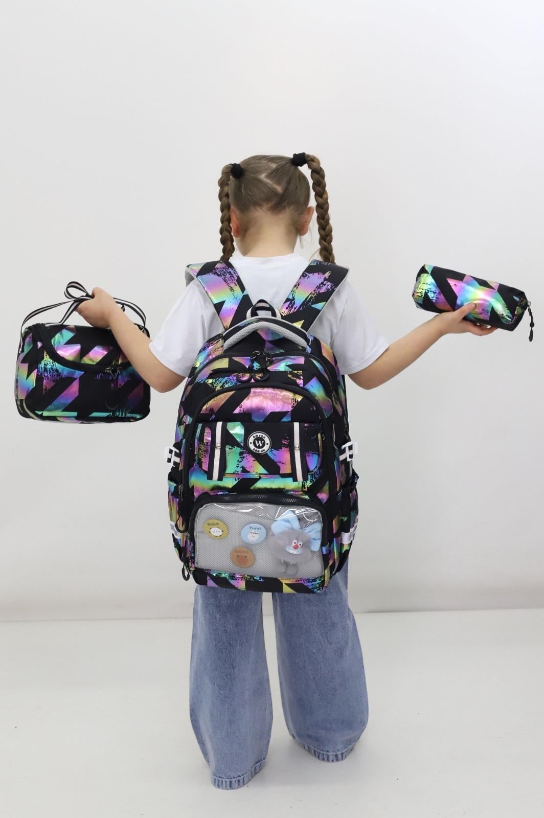  Neon Geometrik 3'lü Okul Çantası Seti - Şeffaf Bölmeli Sırt Çantası, Beslenme ve Kalemlik