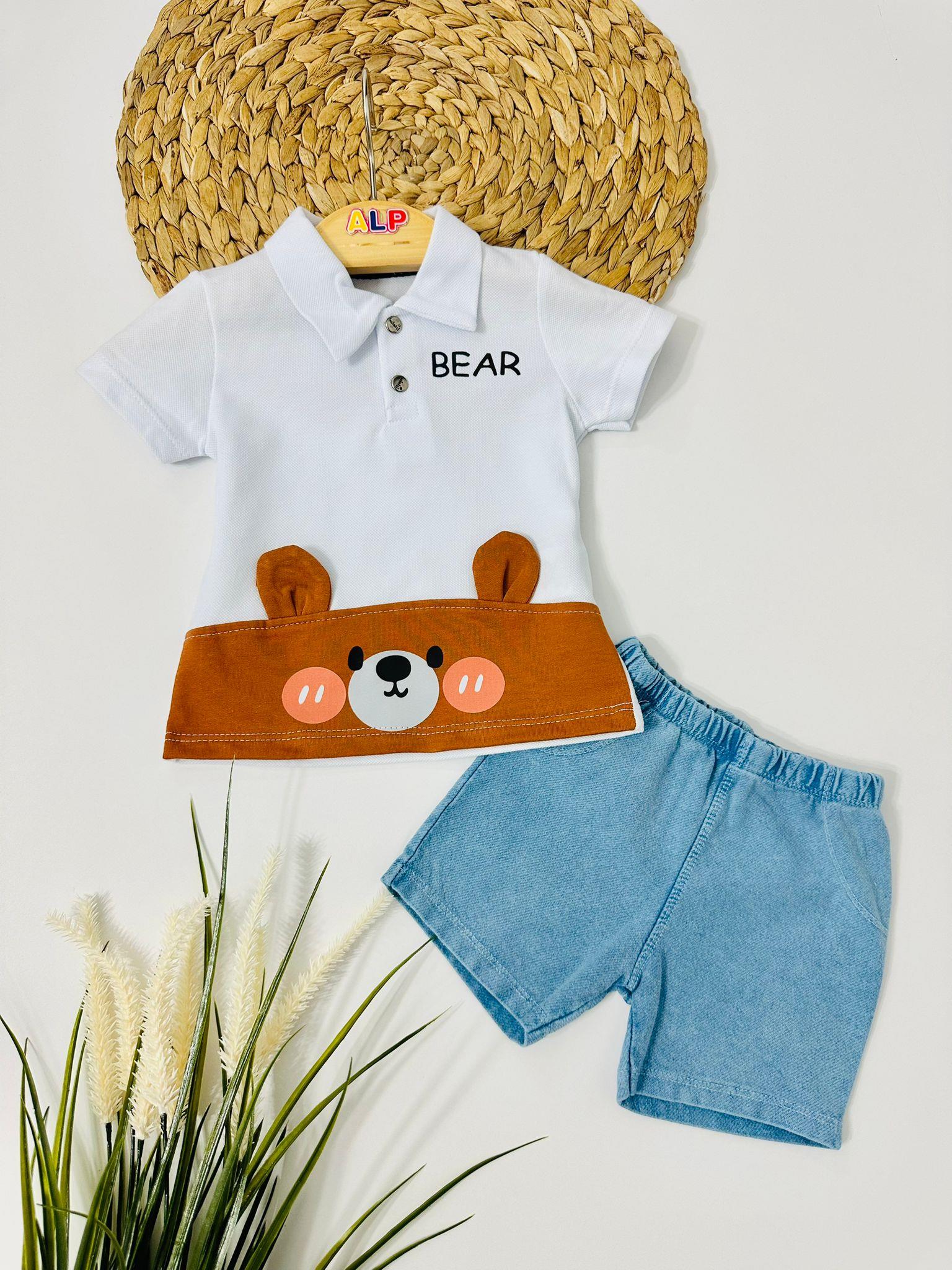 Bear Kırmızı Yanaklı Thısort ve Örme Kot Şortlu 2li Takım - Beyaz