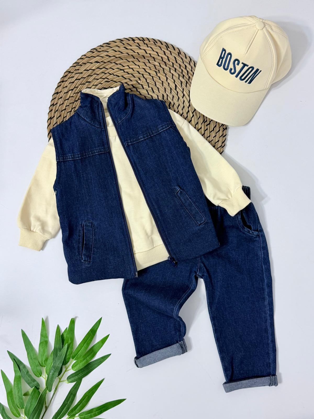 Boston Yelekli Sweatshirt - Pantolon - Şapka Kot Set