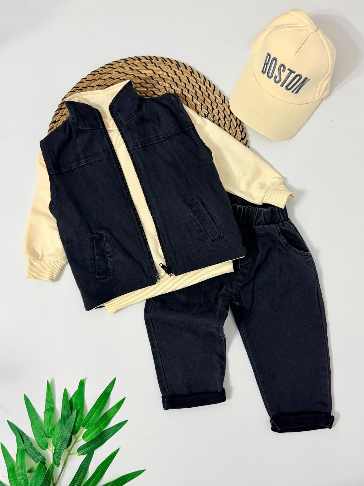 Boston Yelekli Sweatshirt - Pantolon - Şapka Kot Set