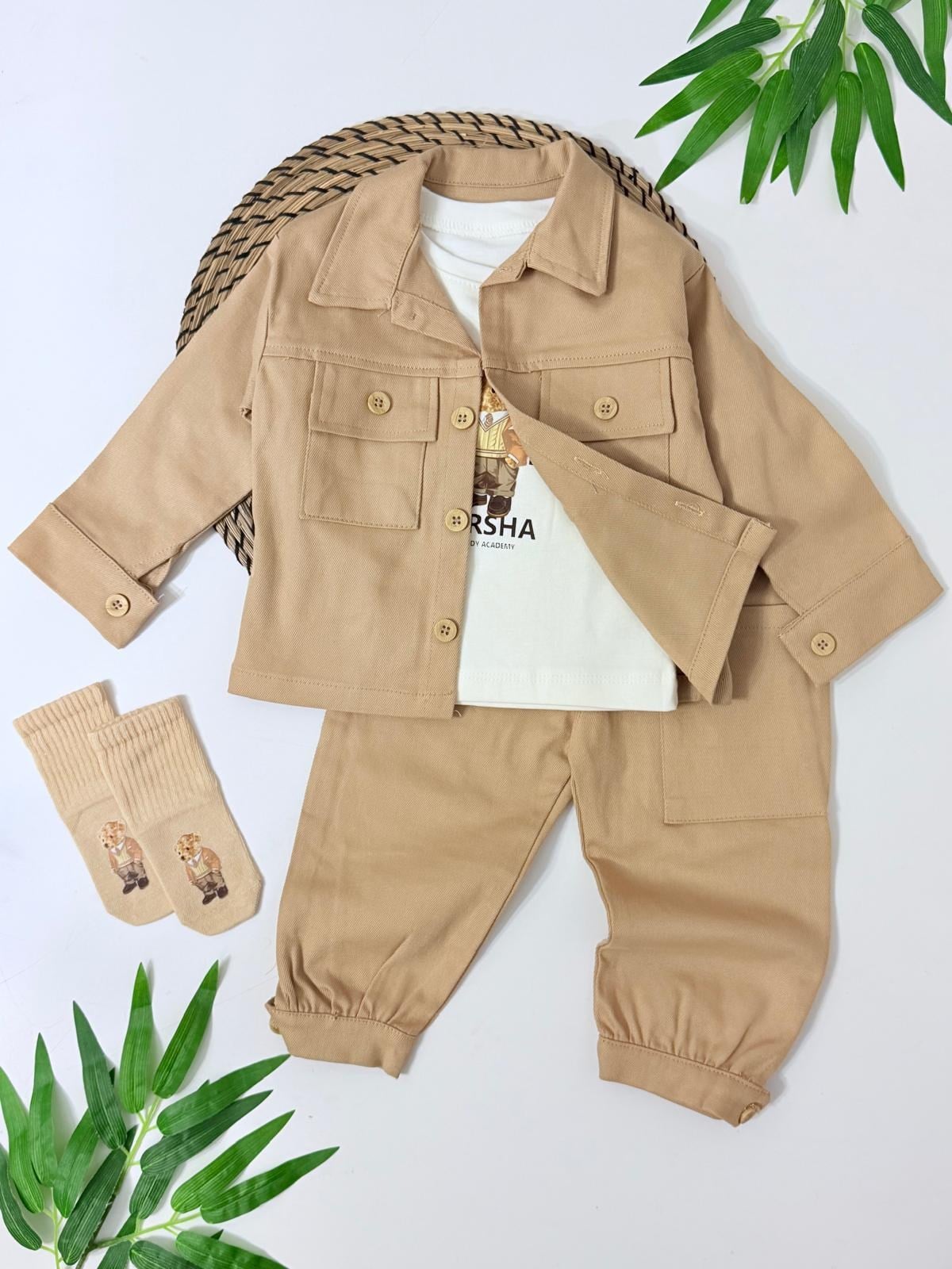 Brusha Gabardin Ceket Ayıcık Baskılı Body Pantolon & Çorap Set