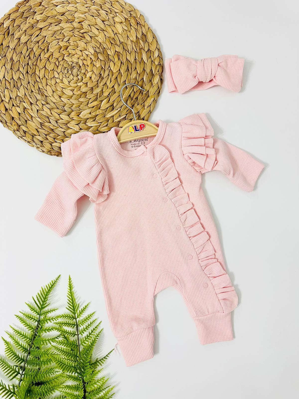Fiyonk Detaylı waffale Kumaş Mevsimlik Bandana Tulum Set - Pembe 