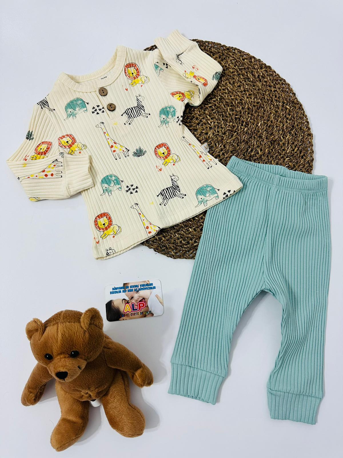 Hayvanlar Alemi Fitilli 2 Parça Kışlık Set Erkek Takım Turkuaz
