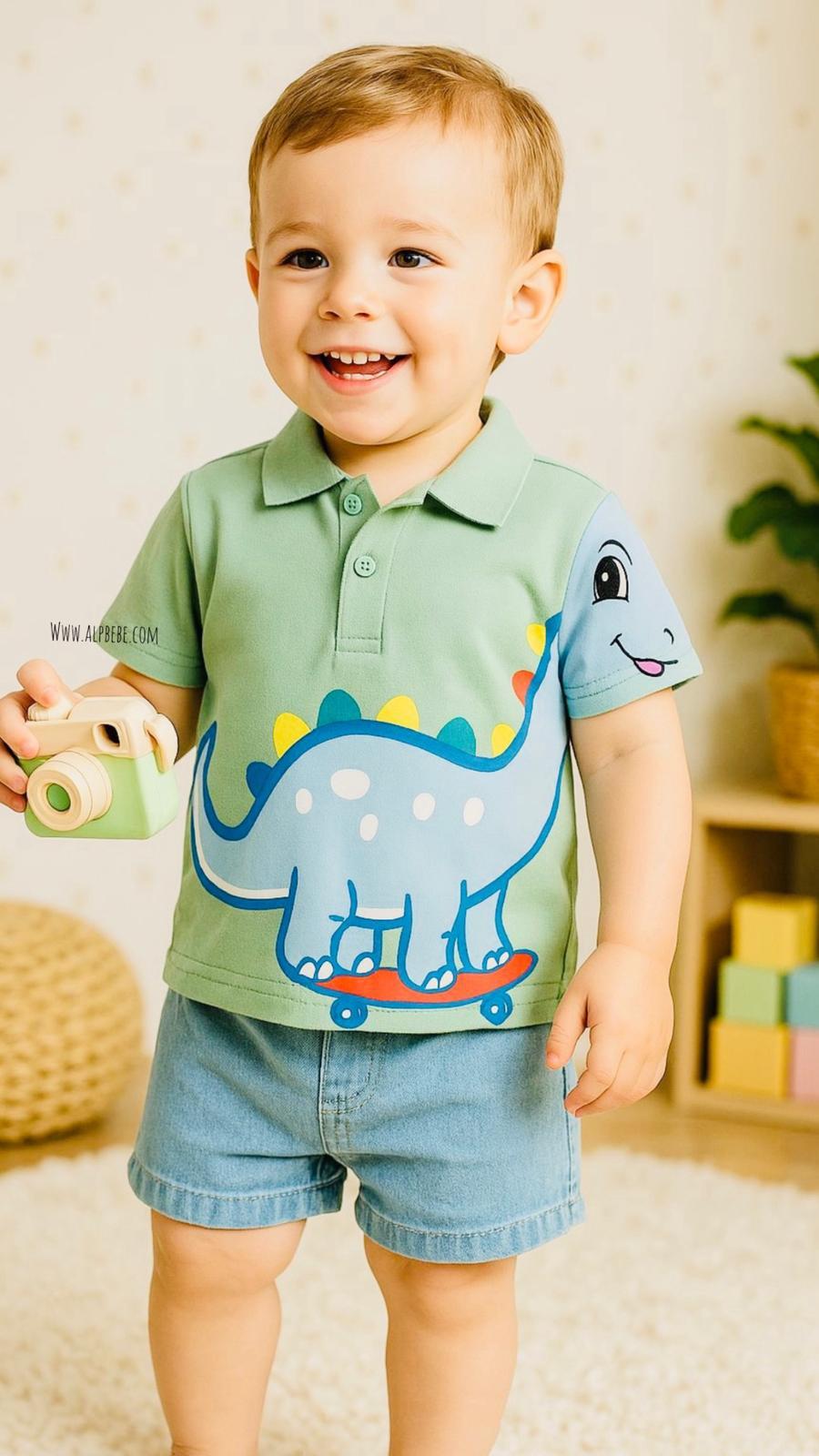 Holstein Dino Önden Çıtçıt Örme Kot Yazlık Takım - Yeşil