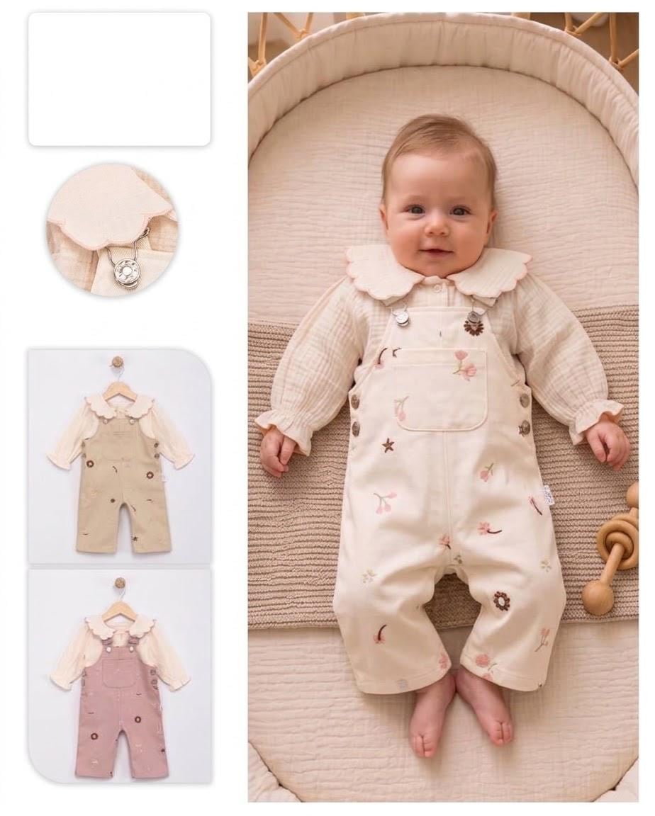 Jolly Çiçek Nakış İşlemeli Salopet / Müslin Gömlek Set