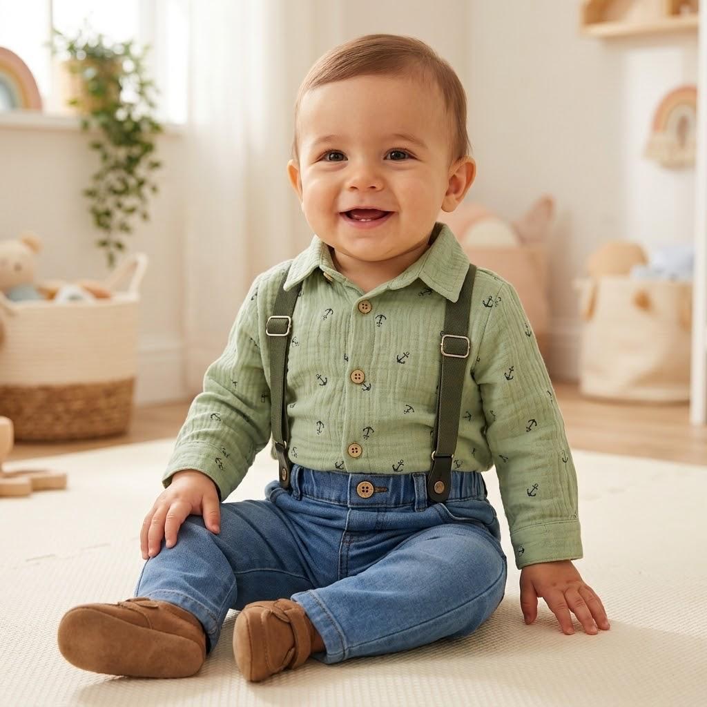 Müslin Askı Kemerli Çapa Baskılı Likralı Kot Pantolon 3lü Erkek Bebek/Çocuk Takım